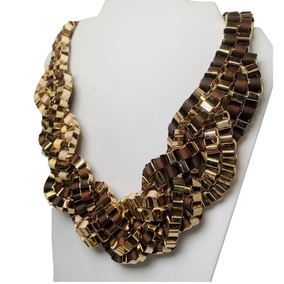 Vintage Brown & Tan Gold Tone braided Large Chunky Box Chain Statement Necklace - Picture 3 of 8